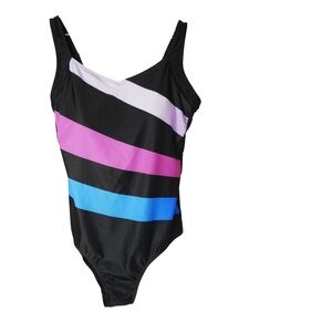 GSW Standard Black Multicolored Striped One-Piece Swimsuit Womens Extra Large